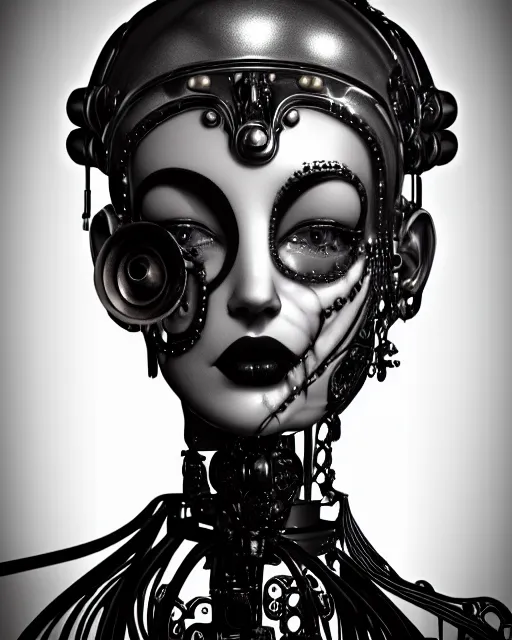 Image similar to black and white dreamy foggy poetic smoky profile face portrait, one silver steampunk realistic eye biomechanical beautiful angelic young female cyclope - cyborg - robot bust, body ribs meshes,, volumetric light, hibiscus flowers, by dora maar, rim light, big gothic fashion pearl embroidered collar, 8 k