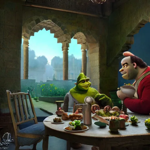 Image similar to shrek eats couscous with his family, moroccan festival, masterpiece, highly detailed, high quality, 4 k, anatomically correct, hyperrealistic, concept art, octane render, unreal engine 5, trending on artstation, trending on deviantart, matte, historical painting, fantasy style, path traced, high coherence, soft lighting, digital painting, mythical