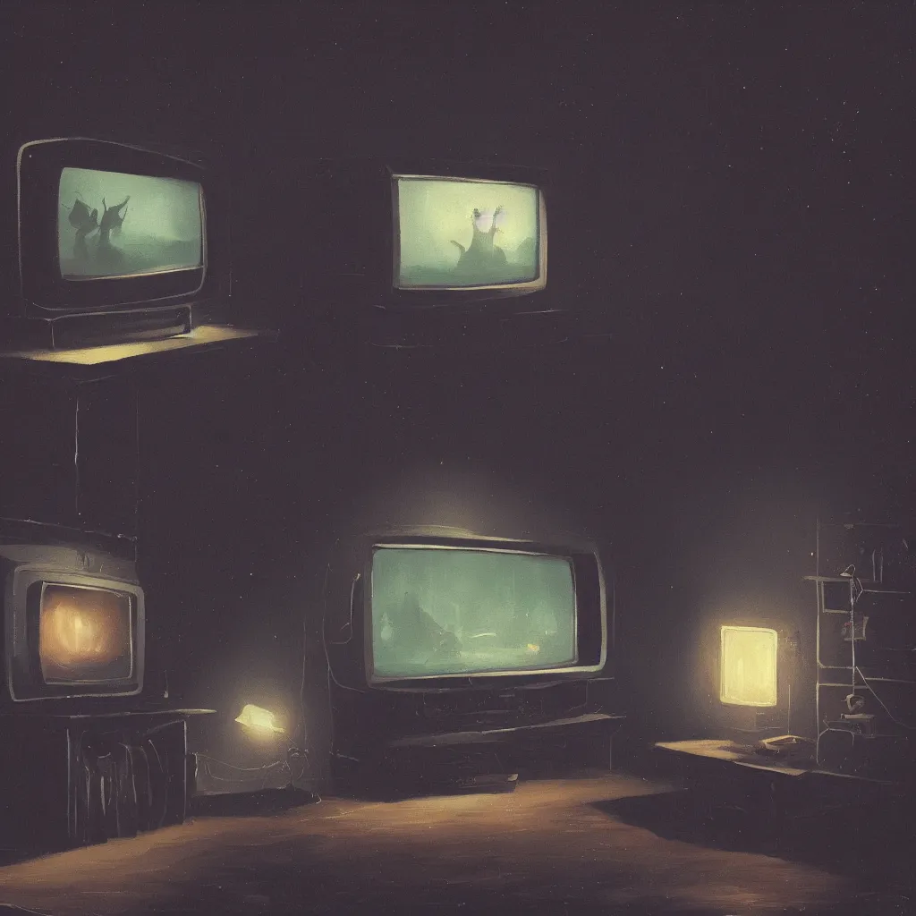 Prompt: a dark black room by night with a glowing vintage tv, the door is nearly closed and thus shines light in a painting from stalenhag, 4 k, 8 k, hdr, artstation, concept art