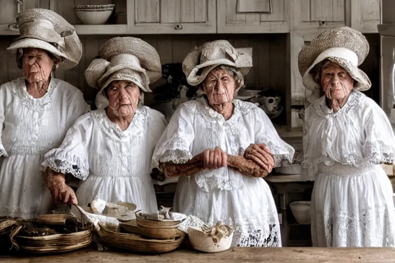 Image similar to close up of three old women from brittany with hats in white lace and folk costumes in a kitchen. they look visibly angry