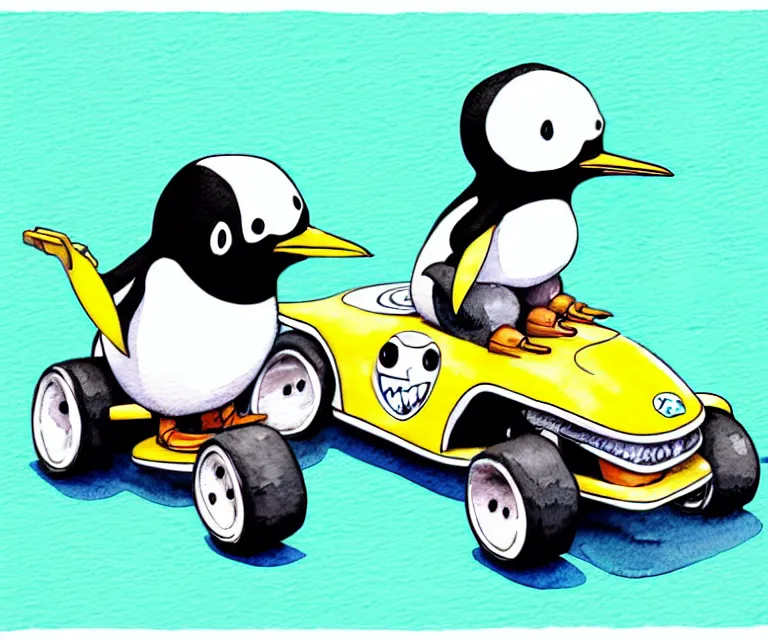 Prompt: cute and funny, penguin riding in a tiny gokart with an oversized engine, ratfink style by ed roth, centered award winning watercolor pen illustration, isometric illustration by chihiro iwasaki, edited by range murata, tiny details by artgerm and watercolor girl, symmetrically isometrically centered, sharply focused