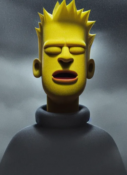 Image similar to bart simpson in real life, face centered portrait of bart simpson, confident, fog, rain, volumetric lighting, beautiful, golden hour, sharp focus, ultra detailed, cgsociety by leesha hannigan, ross tran, thierry doizon, kai carpenter, ignacio fernandez rios, noir art house, 4 k, 3 5 mm, fujifilm