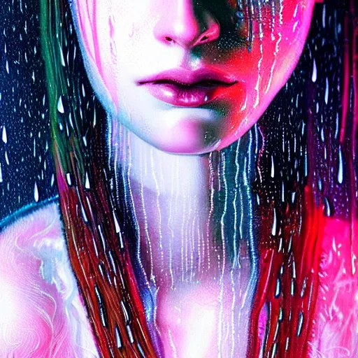 Image similar to bright asthetic portrait LSD glowing backlit rain on face and wet hair in strands, overhead lighting, fantasy, intricate, elegant, dramatic lighting, highly detailed, lifelike, photorealistic, digital painting, artstation, illustration, concept art, smooth, sharp focus, art by John Collier and Albert Aublet and Krenz Cushart and Artem Demura and Alphonse Mucha