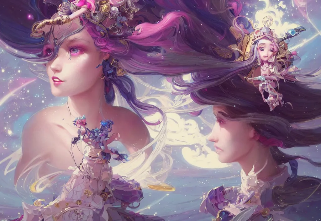 Image similar to close up picture of an maximalist dress magical girl, neat hair with bangs, smug face, extremely beautiful and aesthetic and detailed cute face and eyes, wipe out evils with cute astronaut familiar sprites, aming the magical beams to the camera, chiaroscuro, intricate, masterpiece, epic fantasy illustrations by peter mohrbacher and anato finnstark and jeremy lipking