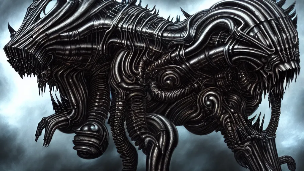 Prompt: Dreambotmotherships true and final form, monstrocity animal, shape of a wolf, style of Giger, H. R. GIGER, 4K, highly detailed