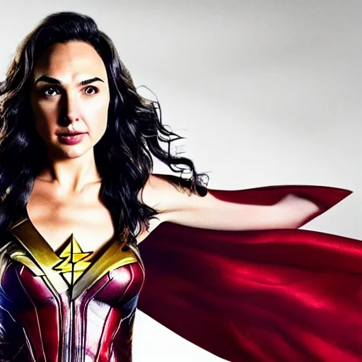 Prompt: an potrait of gal Gadot cast of movie the flash and wearing a flash suit, photorealistic high detail, full body shot.