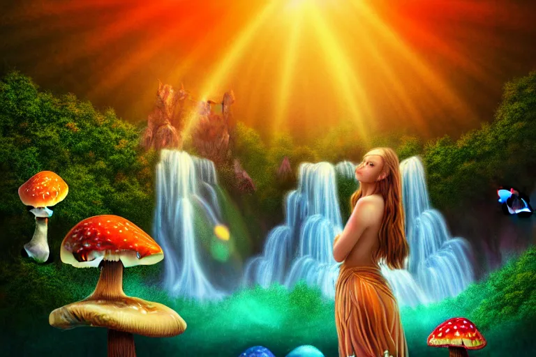 Prompt: a realistic portrait of a beautiful mushroom goddess, standing inside a waterfall, in an enchanted psychedelic mushroom forest, butterflies, sunbeams at sunset, wlop, 8 k