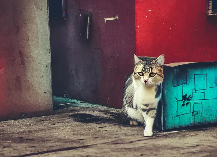 Image similar to photography of a Cat sitting on a box. in a cyberpunk street, award winning photo, saturated, colored, colors, 100mm, sharp, high res