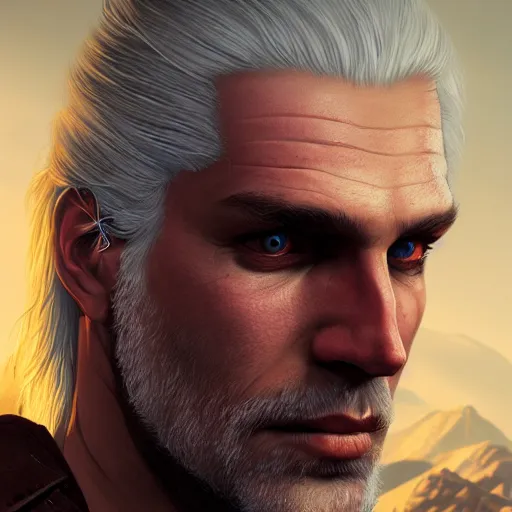 Image similar to Portrait of Geralt of Rivia by Michele Soavi, closeup, 8k, photorealism, Tom Bagshaw, global illumination, volumetric lighting, CGsociety, radiant light