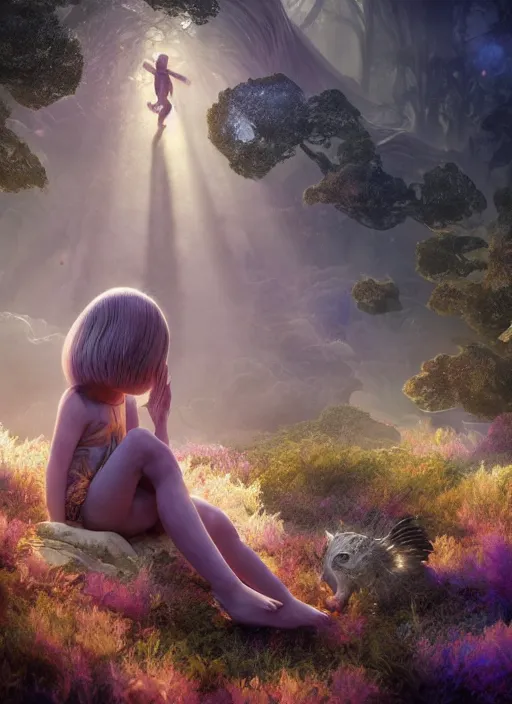 Image similar to preschool - nebular biomechanical incredible hair, crystalline masterpiece incrustations, hyperdetailed face, flippered feet, elegant pose, movie still, intricate, octane render, cinematic forest lighting, cgsociety, unreal engine, crepuscular rays, god rays, caustic shadows lighting, childrens textless storybook illustration