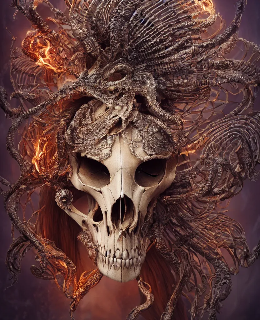 Image similar to close-up macro portrait of the face of a beautiful princess with ram animal skull mask, epic angle and pose, ribcage skeleton symmetrical artwork, 3d with depth of field, blurred background, cybernetic jellyfish female face phoenix bird, translucent, nautilus, energy flows of water and fire. a highly detailed epic cinematic concept art CG render. made in Maya, Blender and Photoshop, octane render, excellent composition, cinematic dystopian brutalist atmosphere, dynamic dramatic cinematic lighting, aesthetic, very inspirational, arthouse. y Greg Rutkowski, Ilya Kuvshinov, WLOP, Stanley Artgerm Lau, Ruan Jia and Fenghua Zhong