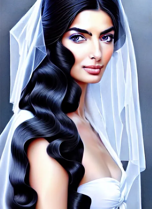 Prompt: beautiful ameera al taweel, blue eyes, long wavy black hair, white veil, in the style of stefan kostic, realistic, sharp focus, 8k high definition, insanely detailed, intricate, elegant, art by stanley lau and artgerm