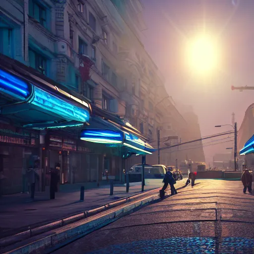 Image similar to photorealistic cyberpunk Moscow city streets. lens flare. 8K. detailed. photorealism. artstation. 25mm f/1.7 ASPH Lens. ultra realistic