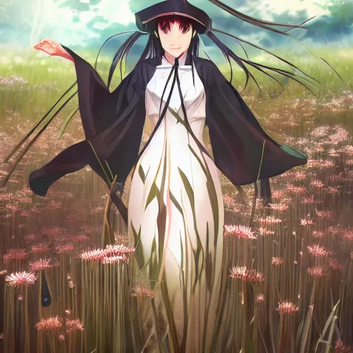 Image similar to portrait of odu nobukatsu burning in the field of spider lilies, anime fantasy illustration by tomoyuki yamasaki, kyoto studio, madhouse, ufotable, square enix, cinematic lighting, trending on artstation