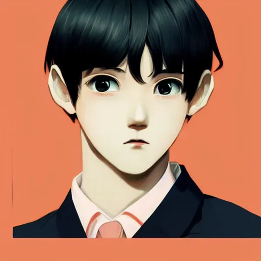 Image similar to a headshot of a very happy yoongi closed smile - short black hair wearing male school uniform, sharp focus, illustration, morandi color scheme, art station, high detailed, by ilya kuvshinov, gorillaz art