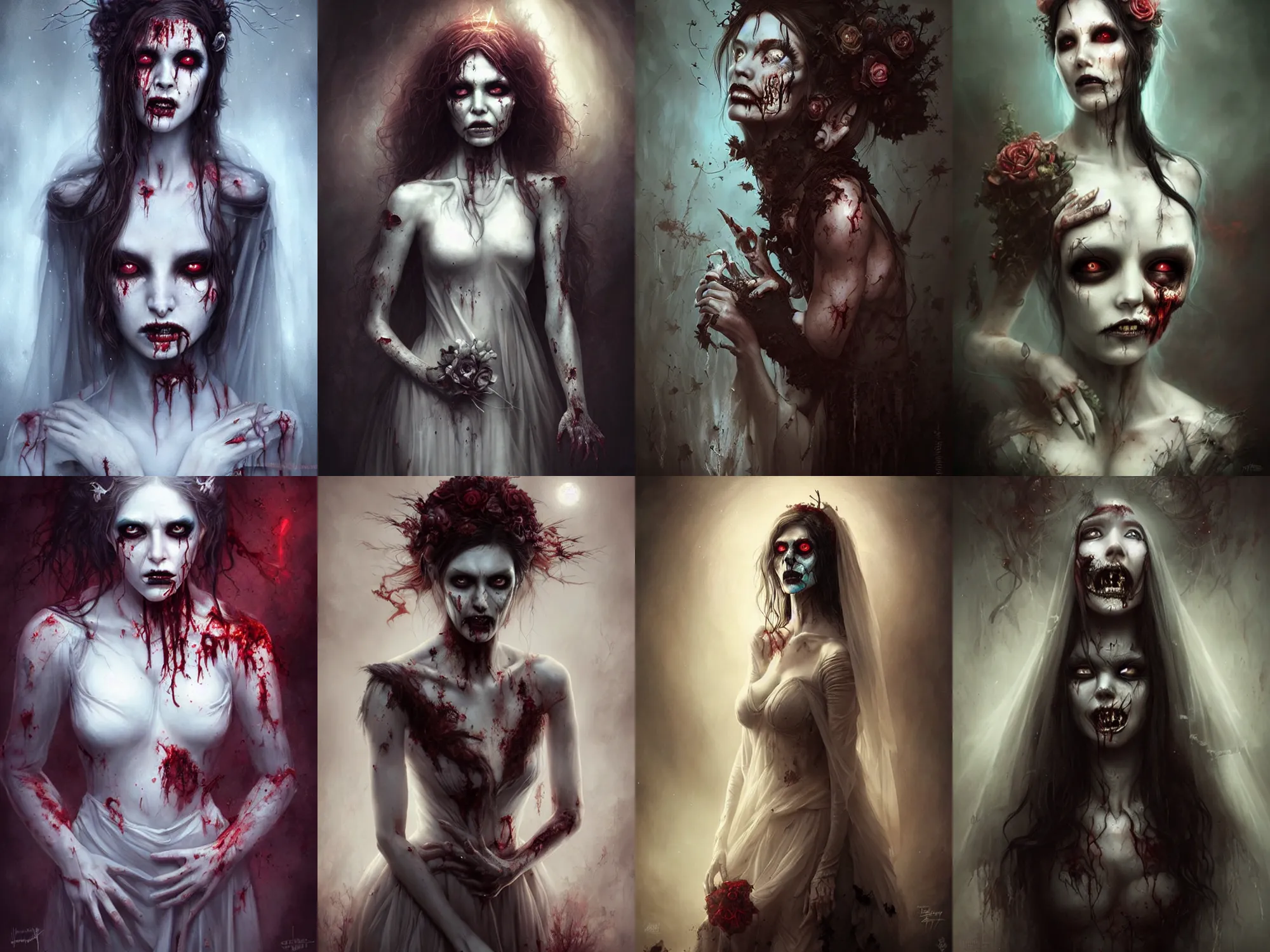 Prompt: a hauntingly beautiful zombie bride, painted by artgerm and tom bagshaw, fantasy art, dramatic lighting, highly detailed digital art
