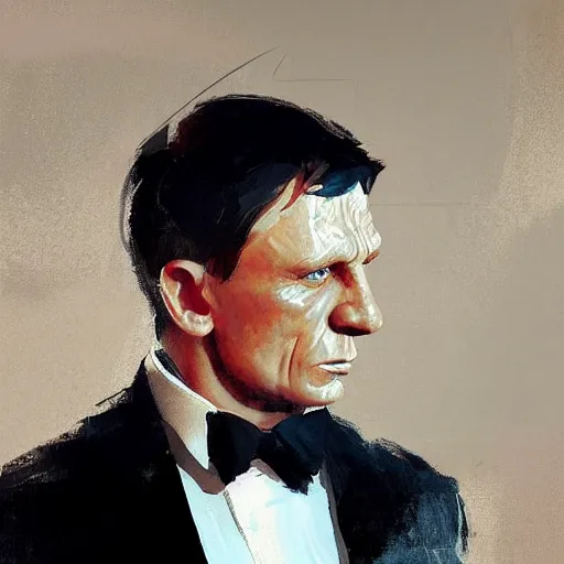 Image similar to a painting in the style of sergey kolesov of daniel craig in a tuxedo, highly detailed