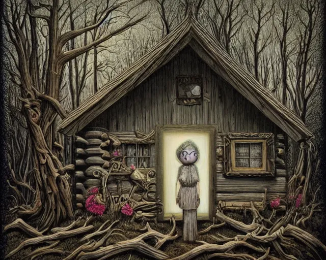 Image similar to intricate detailed portrait of a character in front of a cabin in a dark mysterious forest by mark ryden