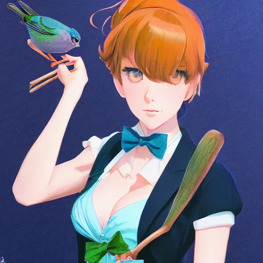 Image similar to colored pencil, anime art, beautiful full body female pinup girl, she is holding an indigo bunting bird, in her hand, the bird is wearing a bowtie, wlop, rossdraws sakimimichan, ilya kuvshinov, krenz cushart, greg rutkowski