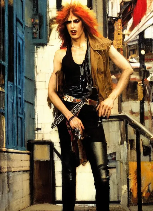 Image similar to androgynous glam rocker outside cbgb in the style of phil hale, sfumato Orientalist portrait by john william waterhouse and James Gurney, Syd Mead, Phil Hale, oil on canvas. Cinematic, hyper realism, realistic proportions, dramatic lighting, high detail 4k