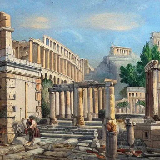 Prompt: ancient greek cityscape, ancient rome, oil painting, detailed art.