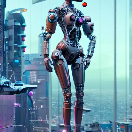 Image similar to a beautiful highly detailed futuristic mechanical lady, seductive confident pose, art by geof darrow, cyberpunk, featured on artstation, 4 k, octane render