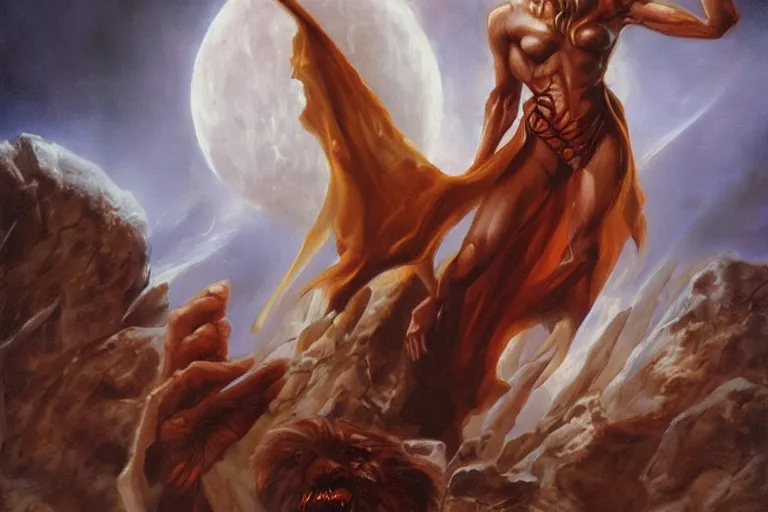 Image similar to vampire spellcaster sealer of the roll, art by boris vallejo, trending on artstation, moon light product view in the silver hour, realism, framed by gather, magic realism, realism