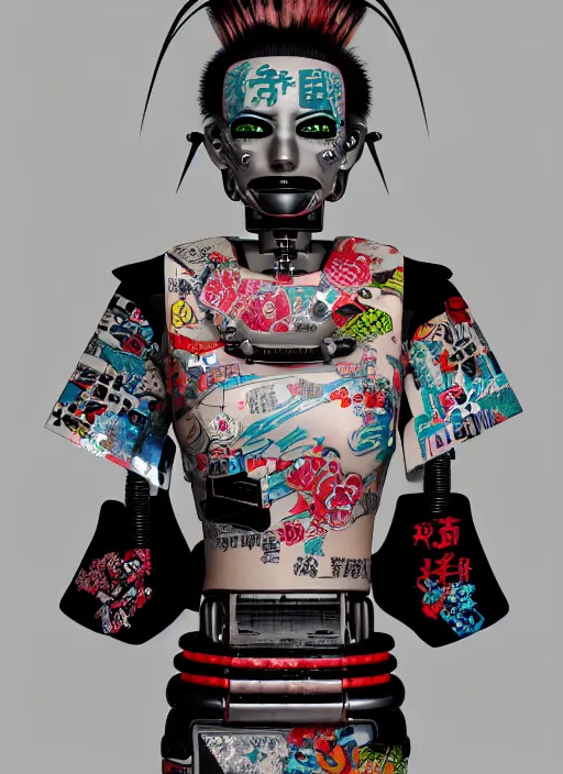 Image similar to full body photo of a punk geisha robot with kanji tattoos and decals wearing a digital pixelated kimono, intricate design, photo - realistic, octane render, ultra fine detailed, character design, trending on artstation