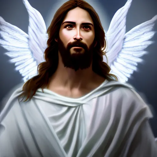 Prompt: Jesus Christ with white wings, dynamic lighting, +++ dynamic pose, high resolution, powerful, halo, 8k