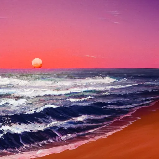 Prompt: painting of a moonrise over the atlantic ocean, kids surfing, boat in the distance, hazy islands can be seen in the distance, pink moon, faded orange sky, clouds, big waves, art by devin elle kurtz and james gurney, hd, high quality, 8 k, digital art, trending on artstation