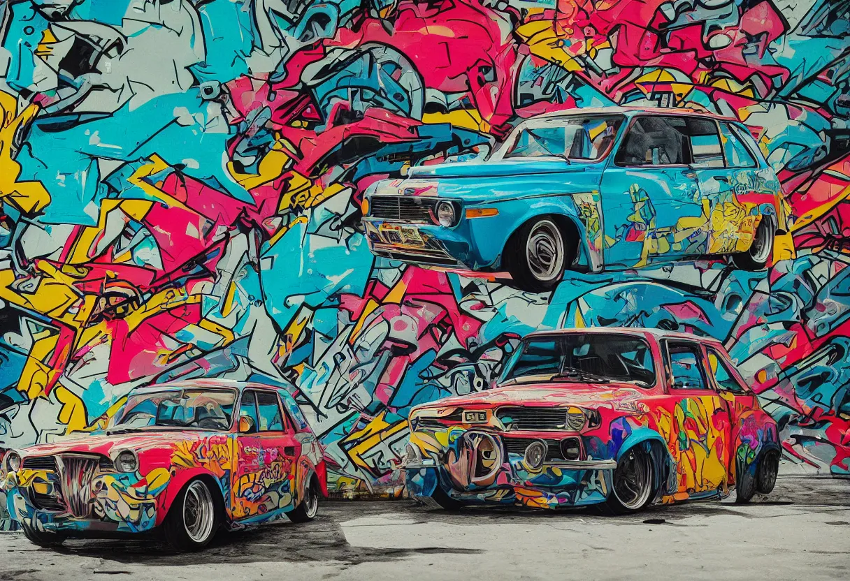 Image similar to yugo car against concrete wall as pop art, matte painting, hyperdetailed, street style, graffiti, illustration, coherent, art nouveau, beautiful render, concept art