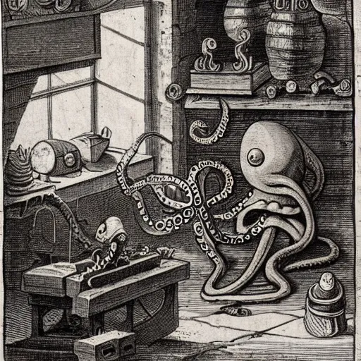 Prompt: an octopus in a car repair shop, engraving, ink, 1 7 th century