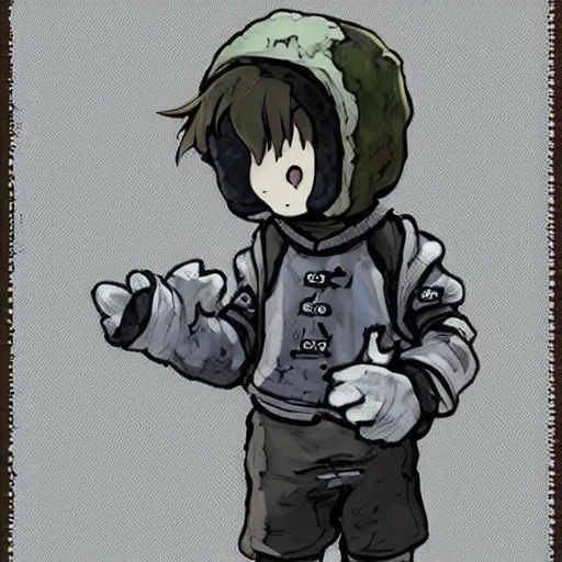 Prompt: boy wearing sheep suit. white, gray, blue, green and brown pallet color. made in abyss art style