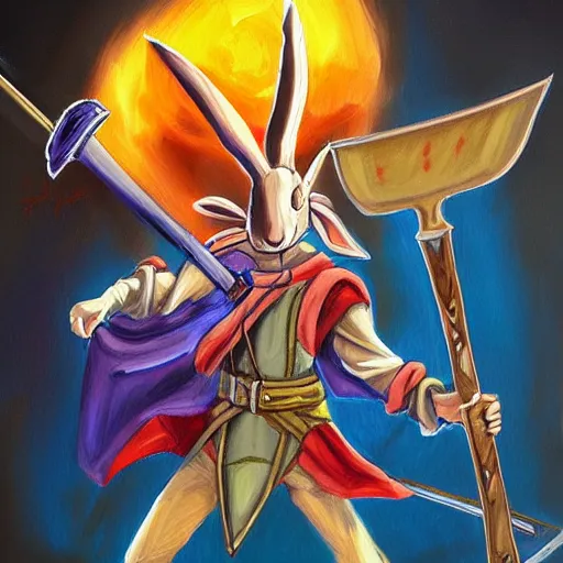 Image similar to rabbit swordsman, brush strokes, oil painting, yugioh art style