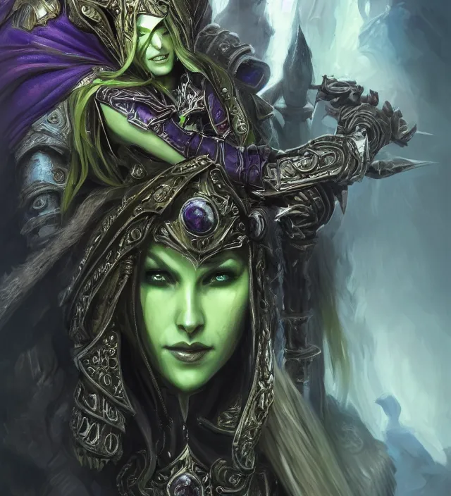 Image similar to Sylvanas Windrunner portrait, intricate ornate armor, subject in the middle of the frame, rule of thirds, golden ratio, elegant, digital painting, octane 4k render, zbrush, hyperrealistic, artstation, concept art, smooth, sharp focus, illustration from Warcraft by Ruan Jia and Mandy Jurgens and Artgerm and William-Adolphe Bouguerea