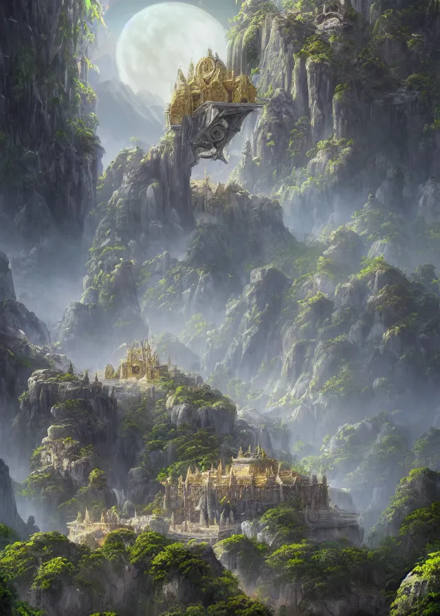 Prompt: a highly detailed matte painting of the ultimate holy temple on a gorgeous world of mountains and exotic flowers and beautiful trees, sky shows rings like saturn's, 8 k hd, concept art, artstation, deviantart, cg society,
