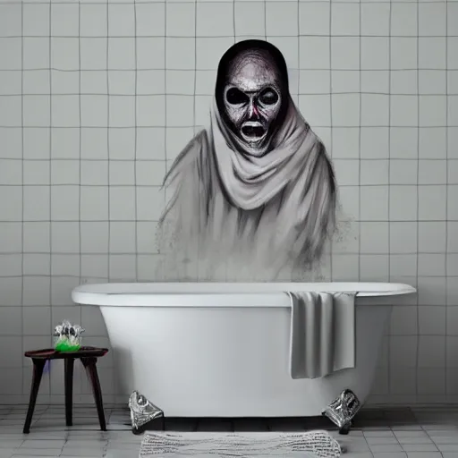 Image similar to detailed photorealistic a pocong in bathroom. in the style of horror photograph