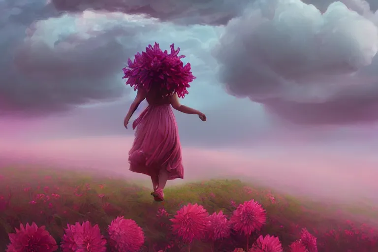 Prompt: giant dahlia flowers on head, girl walking on mountain, surreal photography, pink storm clouds, dramatic light, impressionist painting, digital painting, artstation, simon stalenhag