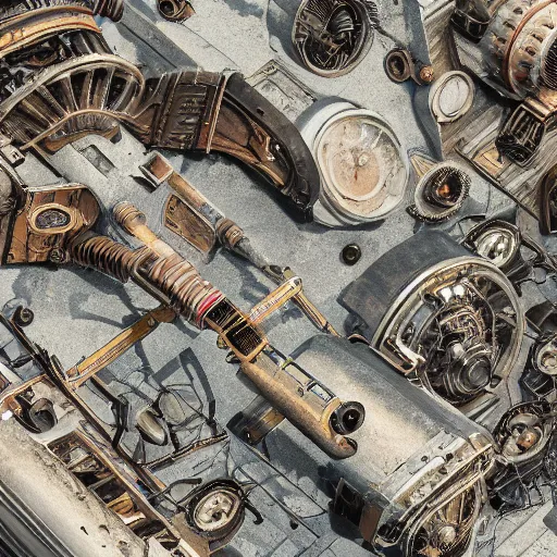 Image similar to top down view of a texture, floor full of mess of mecanics, motor, tools, ancient mecanism, steampunk, substance painter material, artstation, octane render, vray, 4 k