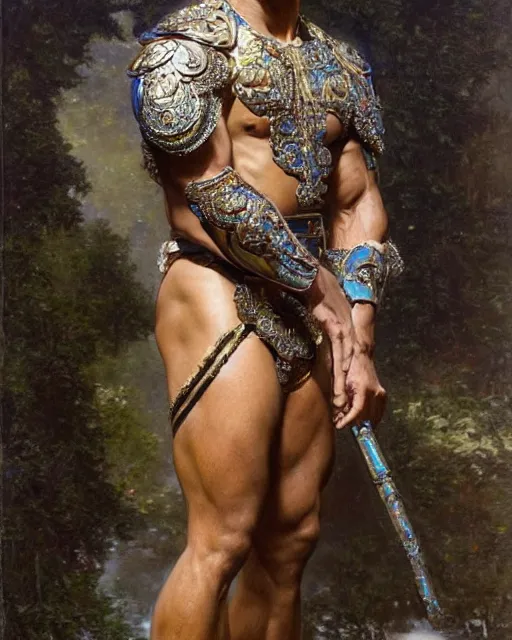 Prompt: Dwayne Johnson, dressed in ornate, detailed, intricate iridescent opal armor, detailed oil painting by William Adolphe Bouguereau and Donato Giancola