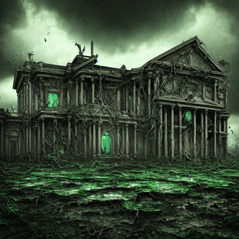 Prompt: surreal abandoned ribbed broken dripping computer, dark clouds, dark green tint, surreal abandoned buildings, dream-like heavy atmosphere, baroque painting, beautiful detailed intricate insanely detailed octane render trending on Artstation, 8K artistic photography, photorealistic, dramatic volumetric cinematic perfect light, chiaroscuro, award-winning photograph, masterpiece, Raphael, Caravaggio, Beksinski, Giger