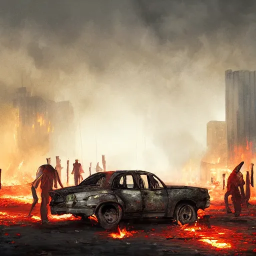 Image similar to zombie apocalypse, abandoned city, burning vehicles, artwork by Michal Lisowski, award winning illustration, highly detailed, trending on artstation