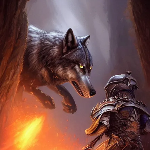 Image similar to Wolf in battle armour, D&D, fantasy, cinematic lighting, highly detailed, digital painting, artstation, concept art, smooth, sharp focus, illustration, warm light, cozy warm tint, magic the gathering artwork, foreground has a overgrown castle, volumetric lighting, 8k, no gold, no gold colours, art by Akihiko Yoshida, Greg Rutkowski