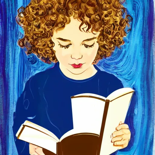 Prompt: a little girl with a mischievous face and short light brown curly wavy hair and blue eyes. she is reading a book. well composed, clean elegant pop art painting, beautiful detailed face.