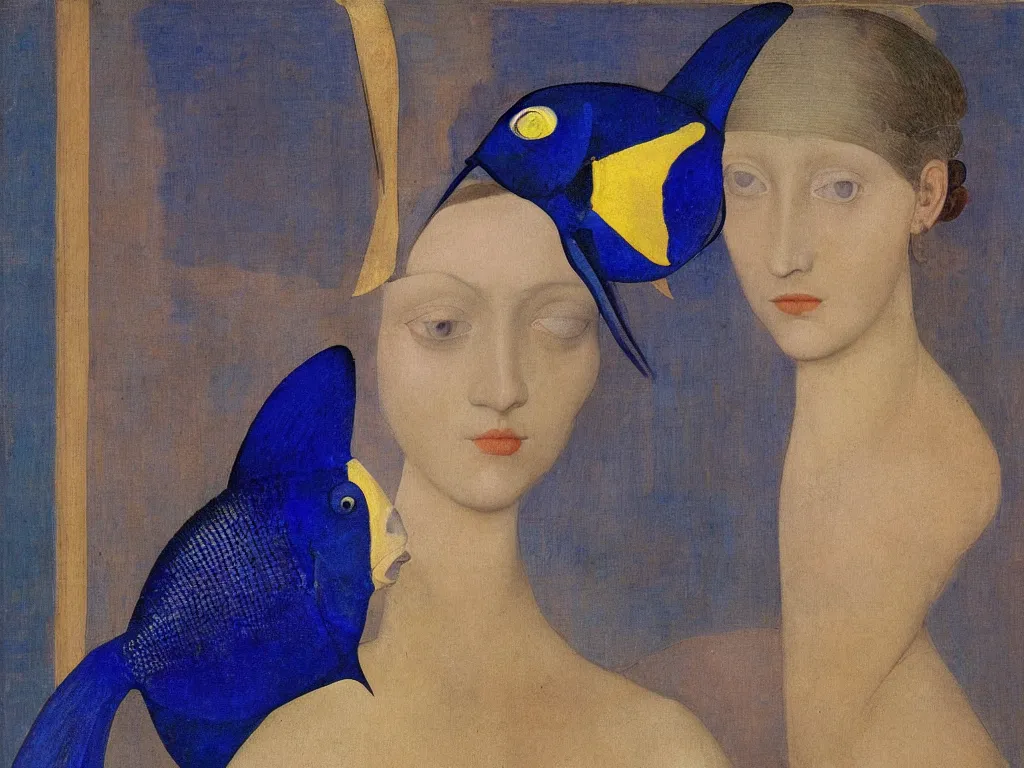 Image similar to portrait of a woman head with close up exotic blue - faced angelfish fish. lapis lazuli, malachite, cinnabar, gold. painting by piero della francesca, balthus, agnes pelton