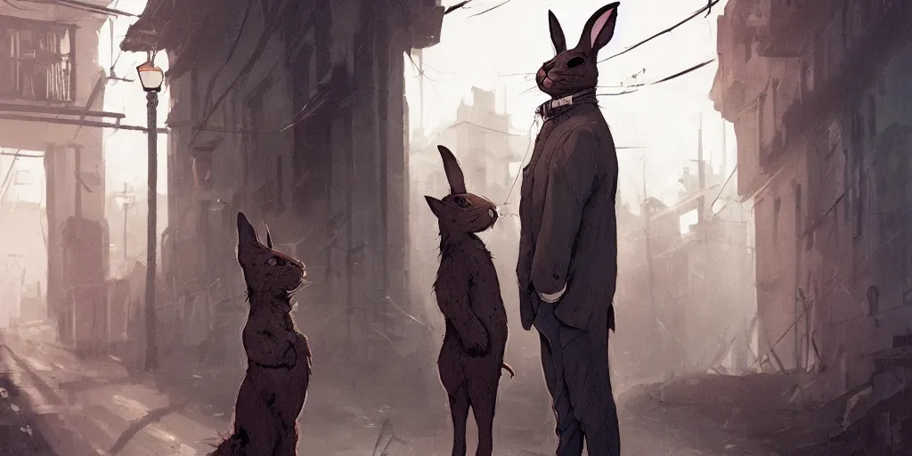 Image similar to a slender rabbit is talking with a big cat in a dark alley, warm color palette, pov, night time, dramatic lighting, noir film, fine details, high contrast, blacksad, kim jung gi, greg rutkowski, trending on artstation, 8 k, ultra wide angle