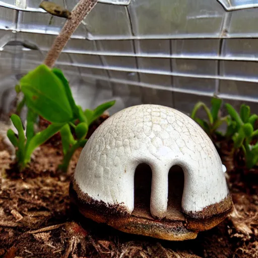 Image similar to a tiny domed greenhouse on top of a mushroom, high detail