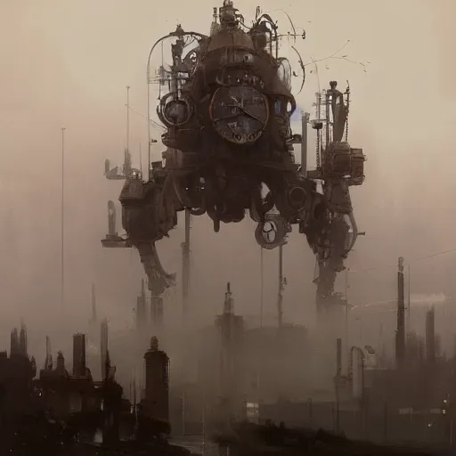 Prompt: gigantic steampunk machine, dense fog, trending on artstation, jakub rozalski