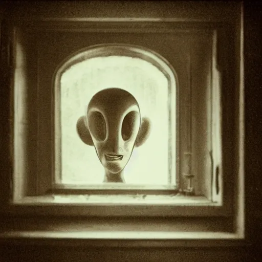 Image similar to a real photo of an alien looking through a window, realistic, vintage photo, old photo, sepia, grainy