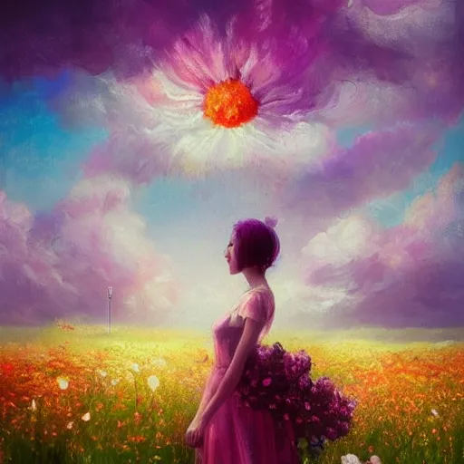 Image similar to girl with an blooming flower for a face, surreal photography, dream, standing in flower field, magical, in a valley, sunrise dramatic light, impressionist painting, colorful clouds, artstation, simon stalenhag, exploding flower face